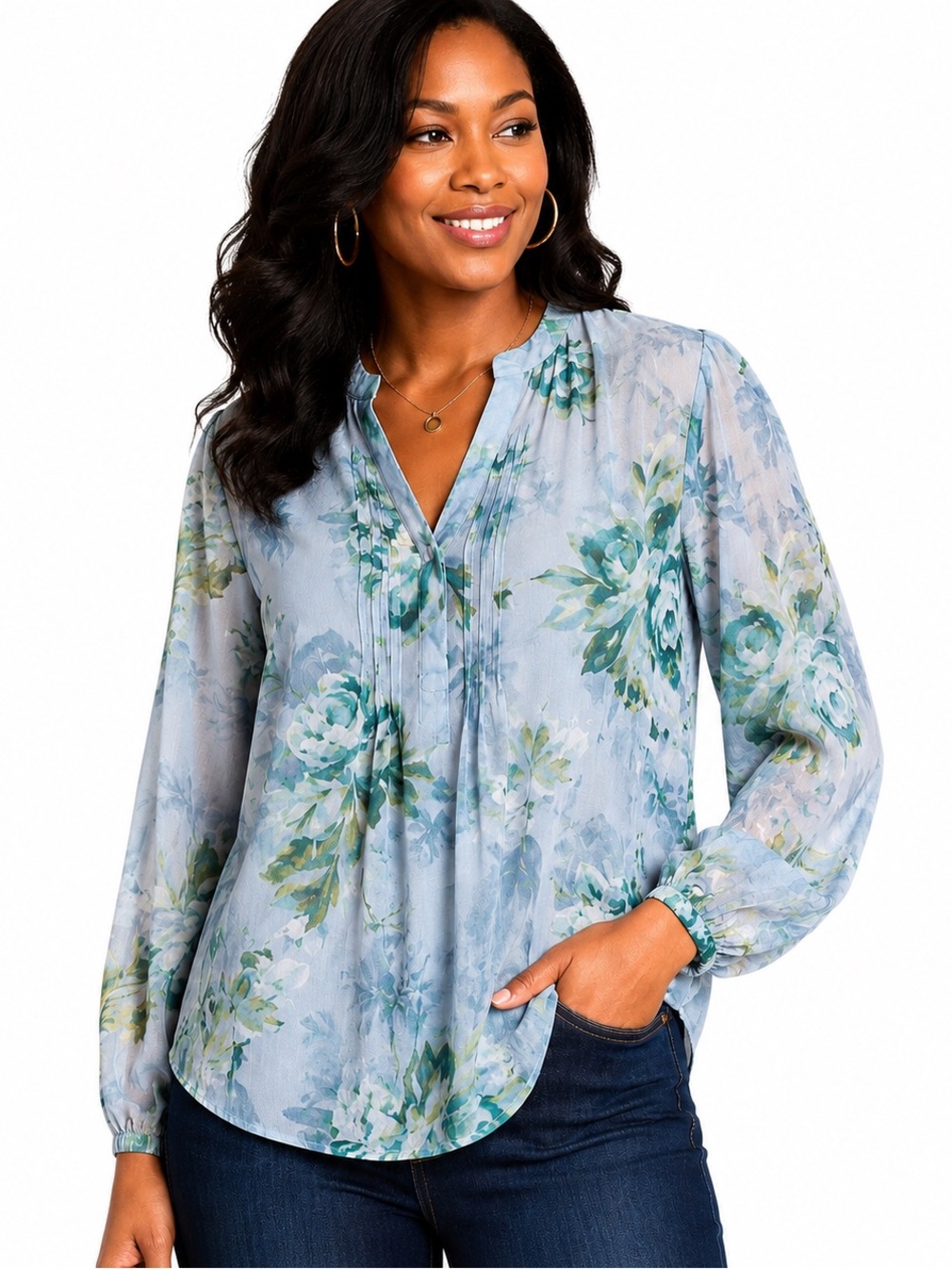 Susan Graver Blue Floral Semi Sheer Lace Pullover Blouse Medium